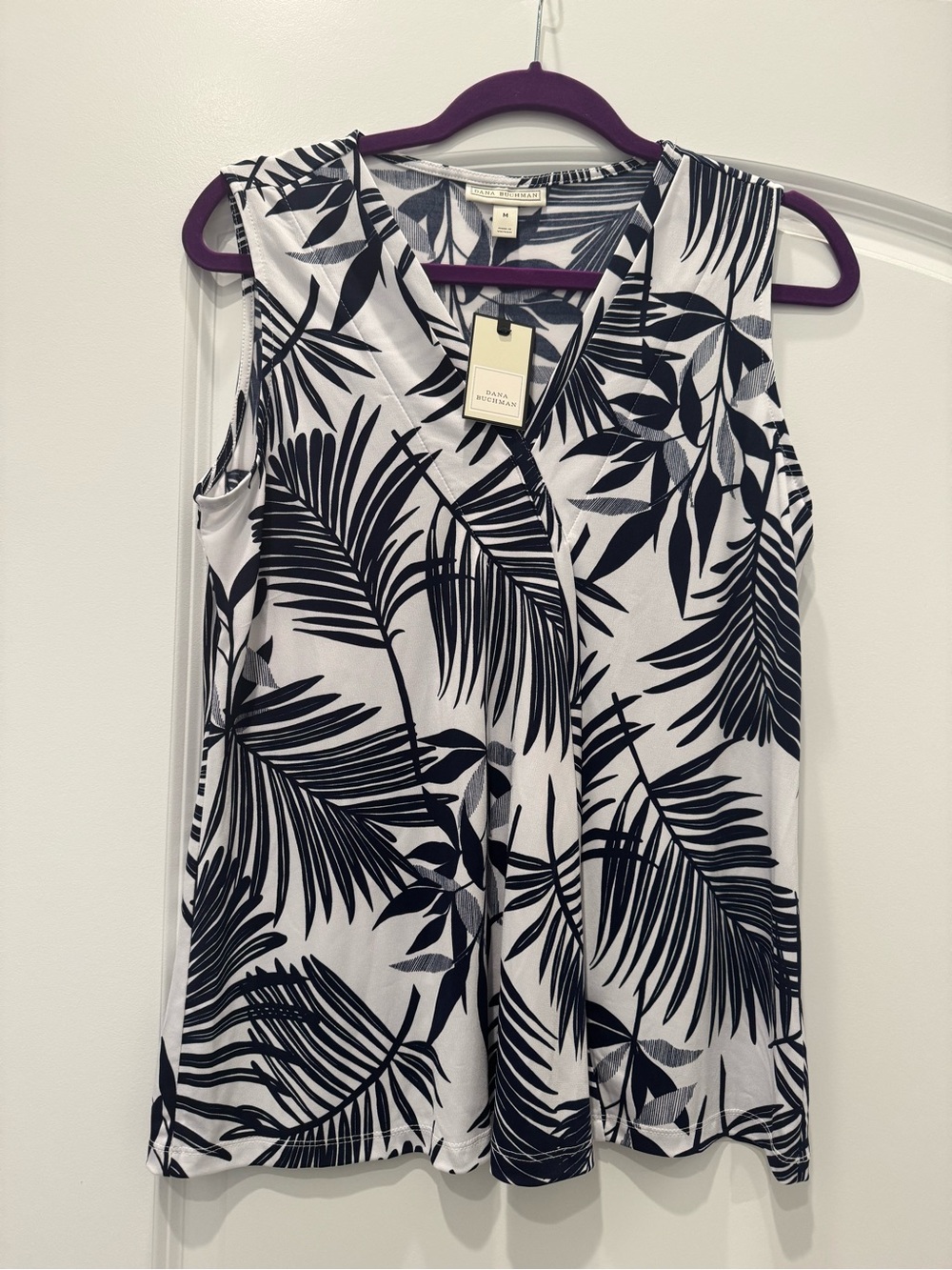 Dana Buchman Baby Blue & White Palm-Print V-Neck Tank NWT